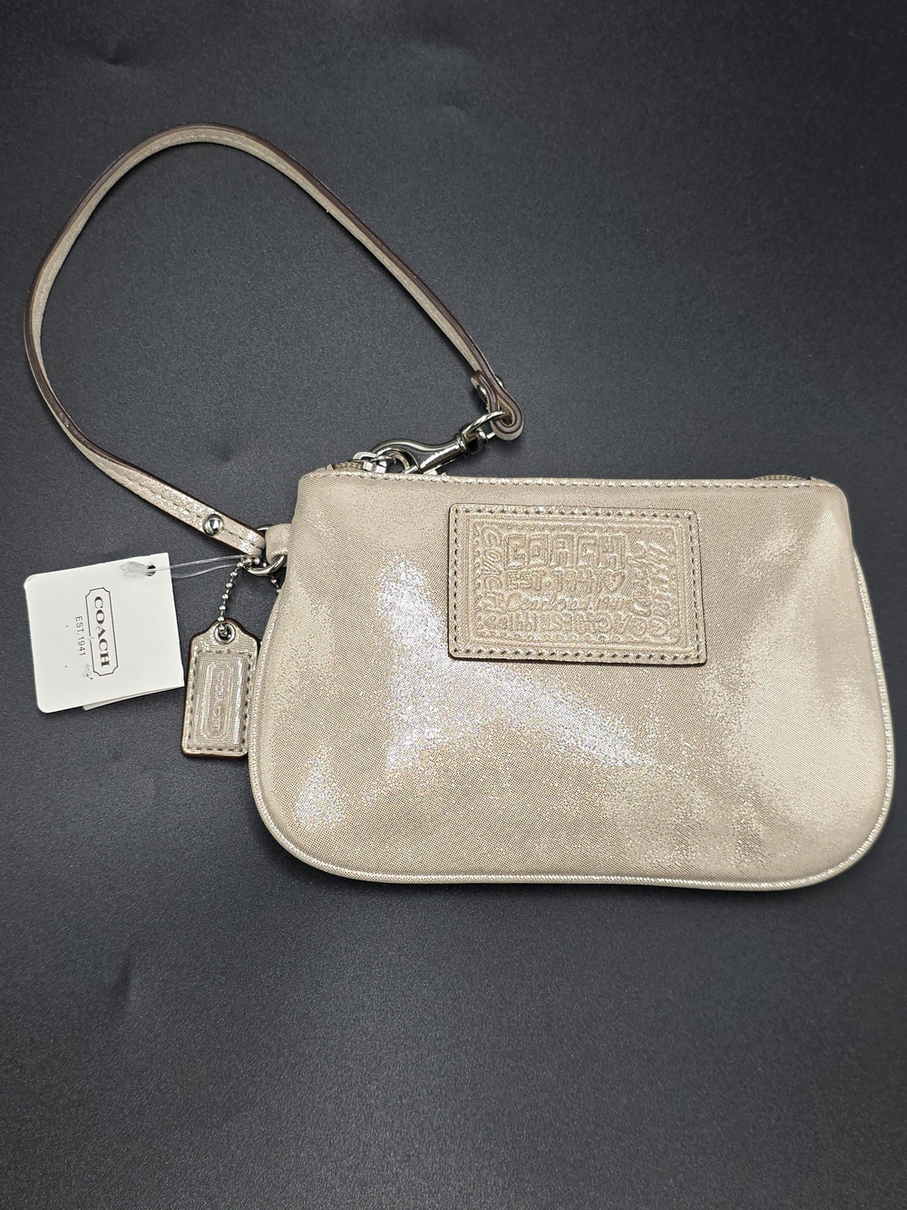COACH F48306 Metallic Champagne Embossed Logo Small Wristlet Pouch NWT